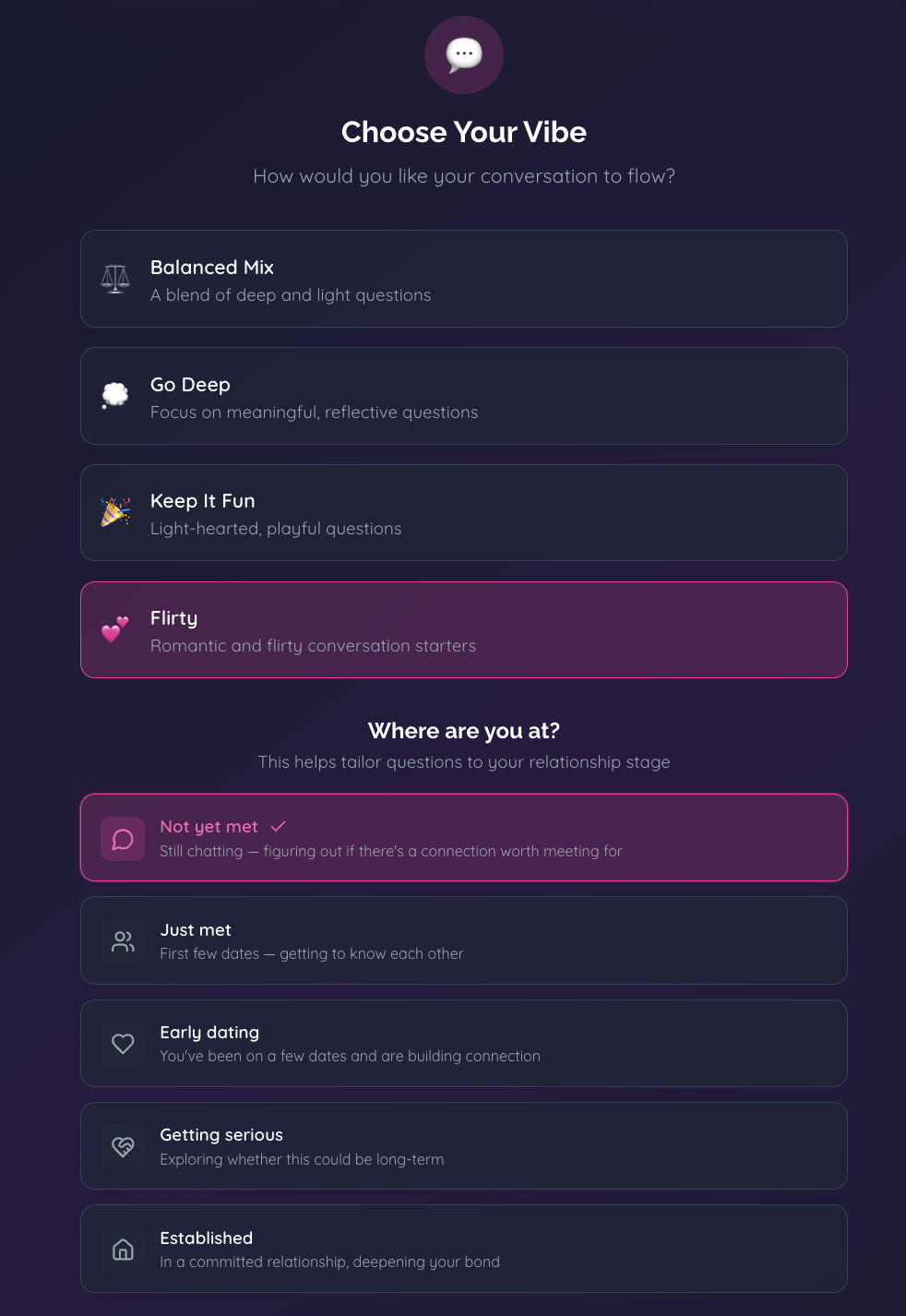 Vibe and relationship-stage selector — Balanced, Deep, Fun, Flirty options on a dark gradient screen