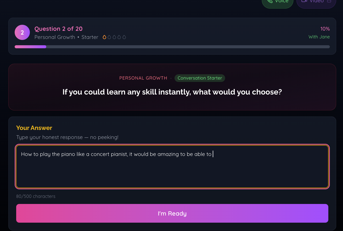 A Dive Deep question with an answer being typed — Question 2 of 20, Personal Growth, 'If you could learn any skill instantly, what would you choose?'